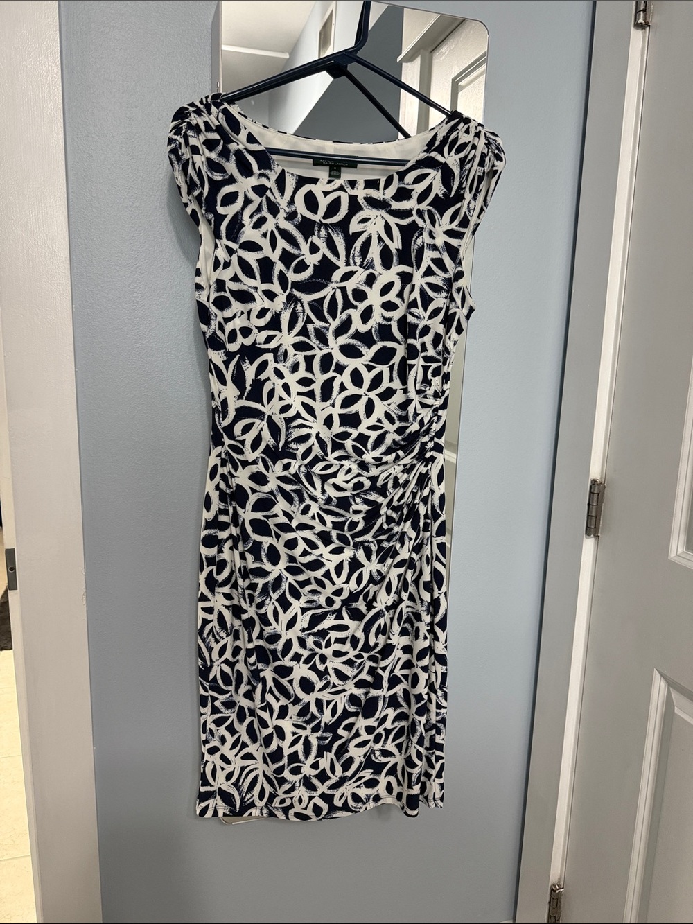Lauren Ralph Lauren Navy and White Sleeveless Knot-Detail Midi Dress